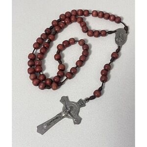 Vintage Religious Catholic Rosary Wood Beads 3" Silver Tone Cross Made In Italy